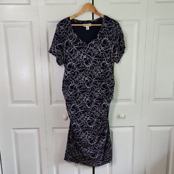 Motherhood Maternity Blue & White Midi Dress Size 1X Lace Overlay Textured - Picture 1 of 12